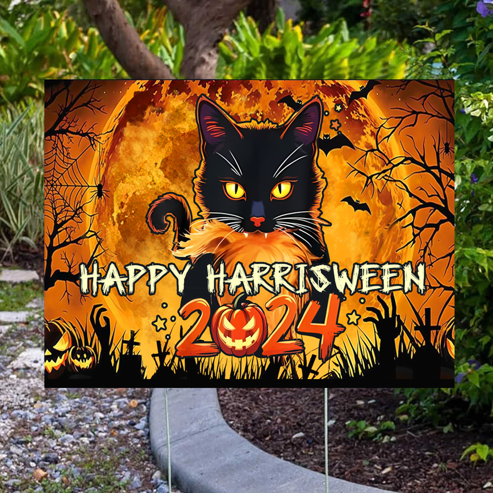 Happy Harrisween 2024 Cat Ladies For Kamala Yard Sign Harris For President Lawn Sign